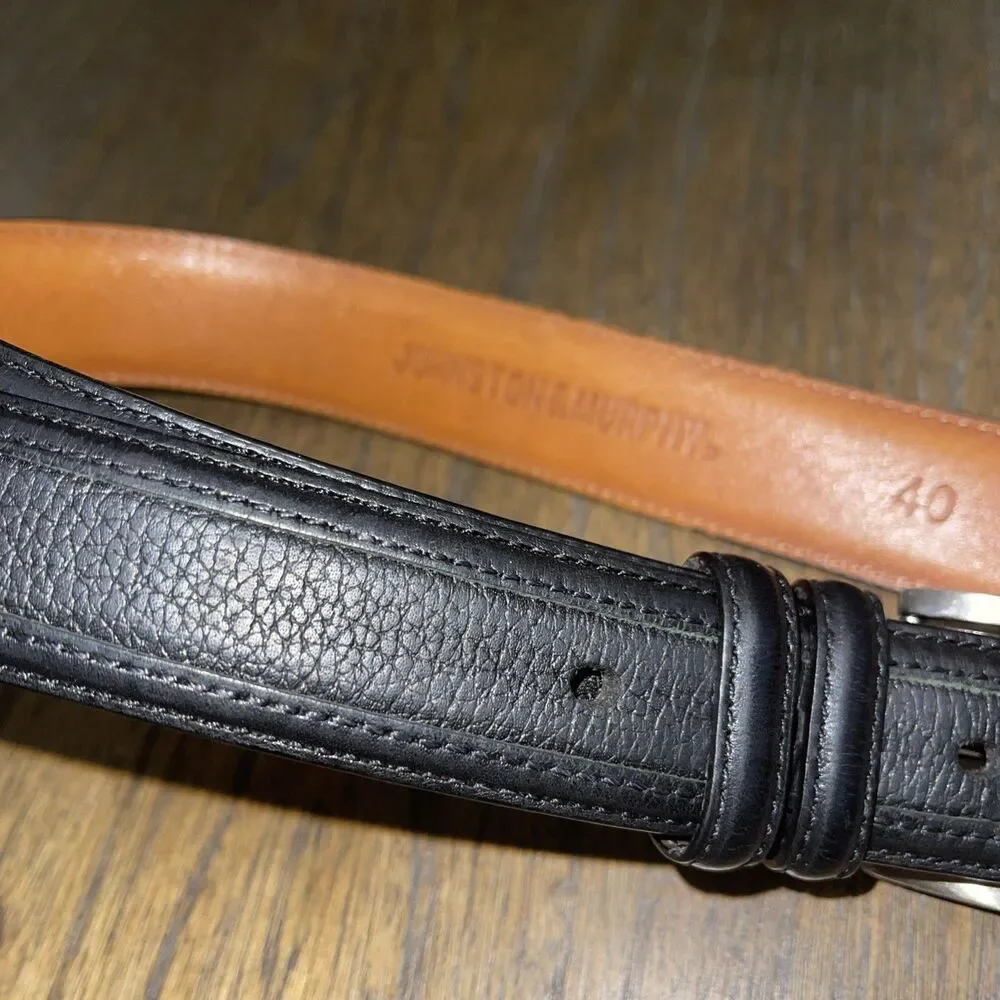 Johnston & Murphy Black Leather Dress Belt Size 40 Silver Buckle